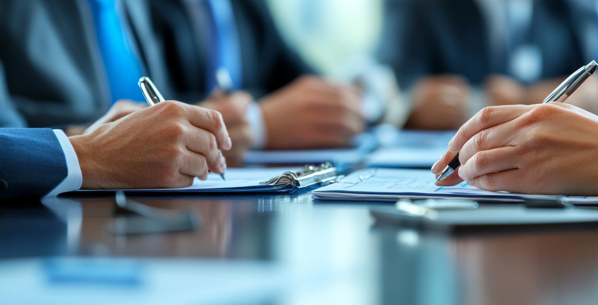 Formal business meeting with documents and pens