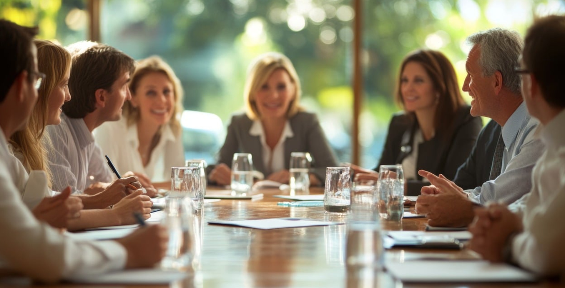 Smiling professionals discussing around a boardroom table.